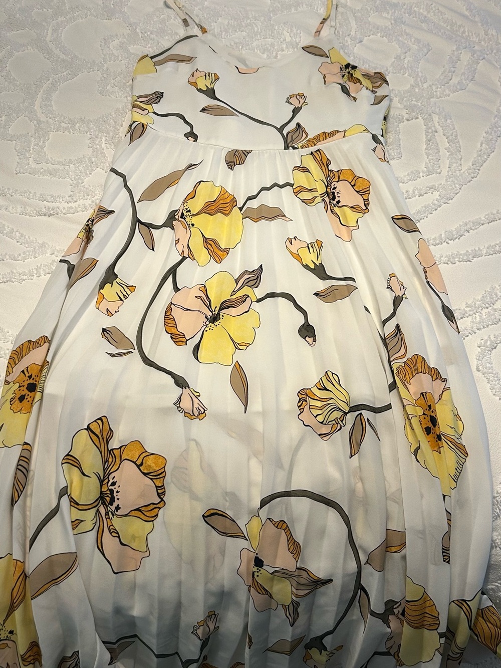 White Floral Pleated Sundress with Yellow Blooms